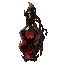 dark fantasy roguelite, single object centered, ritual vial containing swirling demonic essence, black-red liquid with internal ember glow and horn-like smoke formations, asymmetrical occult silhouette, infernal alchemical trophy, tactile organic glass wi