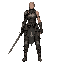 tower warrior woman: same harsh ascent soldier, practical armor scraps, braid or cropped hair, weapon discipline in stance, stern eyes, functional not ornamental, cold iron palette, single hero centered, front or 3/4 view, limited palette, dither shading