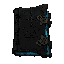dark fantasy roguelite, single object centered, closed ritual spellbook with dark leather cover, oxidized bronze clasps and faint blue rune glow leaking from page edges, asymmetrical silhouette, engraved geometric markings and stitched spine