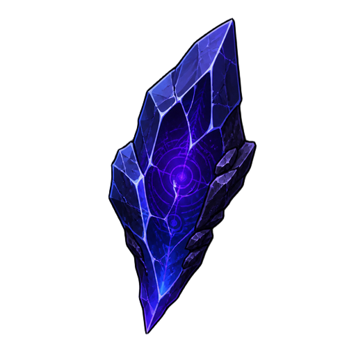 dark fantasy roguelite, single object centered, sharp crystal fragment with fractured translucent surface and deep indigo inner glow, asymmetrical jagged silhouette, mystical crafting shard, tactile mineral texture, rare occult material, subtle ritual geo