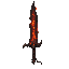 dark fantasy roguelite, single object centered, epic flaming sword with straight blackened steel blade fractured by molten crimson-orange glow, asymmetrical warlike silhouette, scorched guard and wrapped dark leather hilt, restrained flame wisps leaking f