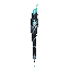 dark fantasy roguelite, single object centered, epic ritual wand resembling a spectral writing instrument, asymmetrical slender silhouette, black carved wood wrapped in pale mithril spirals, cyan crystal tip leaking luminous ink-like particles, engraved g