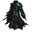 dark fantasy roguelite, single object centered, epic curator robes made from layered black ritual cloth and engraved steel fragments, asymmetrical flowing silhouette, cyan fracture glow beneath stitched seams, subtle celestial embroidery and abyssal feath