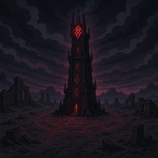 tower with red glowing marks, dark sky, empty ruins, ground with marks around tower