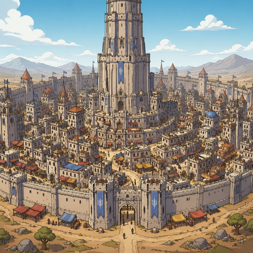 massive tower surrounded by dense stone city, tall buildings, narrow streets, market stalls, walls and gates, dry ground