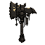 dark fantasy roguelite, single object centered, colossal titan hammer with oversized black iron head cracked by glowing pale gold fracture lines, asymmetrical imposing silhouette, epic heavy weapon, layered brutalist construction with chained metal plates