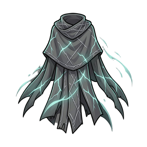 dark fantasy roguelite, single object centered, legendary flowing mantle woven from ash-gray ritual cloth and pale silver thread, asymmetrical transcendent silhouette, muted teal cold-light fractures moving across the fabric like frozen motion trails, lay