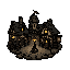 dark fantasy roguelite, tiny fantasy town emblem centered, small cobblestone plaza with lantern post, two or three half-timber houses flanking the square, warm amber window glow, muted stone and wood palette, readable at 128px, thick white outer outline s