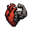 dark fantasy roguelite, stylized anatomical heart with flexed muscular arm silhouette merged as one emblem, character stats and body building metaphor, warm red heart with cold grey muscle accent, single emblem centered, thick white outer outline sticker 