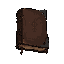 dark fantasy roguelite, single object centered, closed beginner spellbook with worn brown leather cover and simple iron corner bindings, small faded rune mark embossed on the front, asymmetrical silhouette, humble handcrafted codex appearance