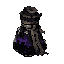 dark fantasy roguelite, single object centered, dark ritual ink bottle filled with distorted purple-black pigment and faint shimmering particles, asymmetrical silhouette, outlaw arcane buff consumable, corroded metal cap and worn cloth wrapping, tactile o