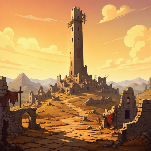 tall tower, long shadows, old village ruins, warm sky, dry terrain