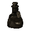 dark fantasy roguelite, single object centered, grounded alchemical tonic in thick dark glass bottle, muted earthy liquid with faint pale gold sediment settled at the bottom, asymmetrical silhouette, anti-lightning ritual consumable, worn leather wrapping