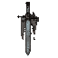 dark fantasy roguelite, single object centered, epic bureaucratic cult sword with straight cold iron blade etched by crimson oath seals and archive tally marks, asymmetrical oppressive silhouette, ash-gray cloth wrapped around the grip and hanging from th