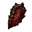 dark fantasy roguelite, single object centered, young dragon scale with dark metallic crimson surface and subtle pale gold veins, asymmetrical armored silhouette, rare draconic trophy, layered textured ridges with restrained inner heat glow, tactile mysti