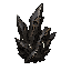 dark fantasy roguelite, single object centered, cluster of jagged metallic shards with dark iron and oxidized bronze surfaces, broken ritual machinery aesthetic, asymmetrical dangerous silhouette, tactile scratched texture, uncommon crafting material, sub