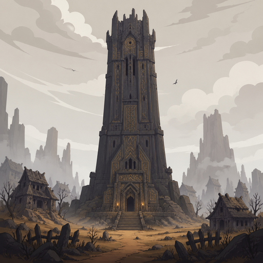 tall ancient tower, dark stone with carved patterns, abandoned houses around, dry land, light fog
