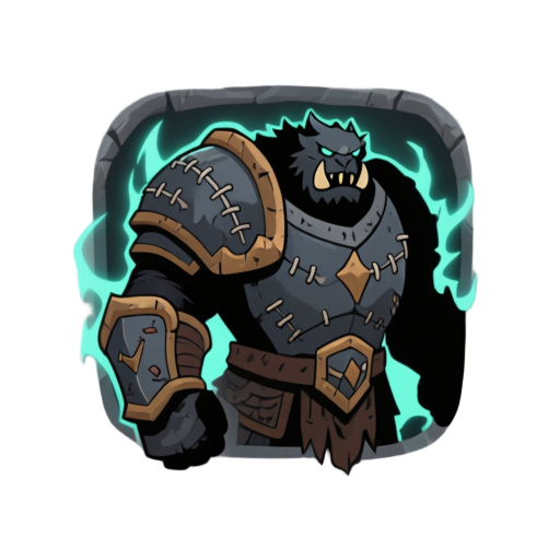 thick behemoth hide armor, rugged stitched plates, primal beast energy, dark fantasy roguelike icon, centered, heavy silhouette.