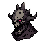 dark fantasy roguelite tower enemy, single monster head or bust centered, front or 3/4 view, high contrast, limited palette, dither shading, thick white outer outline sticker style, solid black background, no text, no ui frame, not photorealistic, readabl