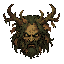 twisted druid face, antlers, dead leaves, green rot, not a skull, not a skeleton, not a generic demon