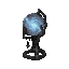 dark fantasy roguelite, single object centered, small crystal orb mounted on crude dark iron stand, faint pale blue inner light swirling softly inside the sphere, asymmetrical silhouette, common arcane catalyst, worn apprentice-crafted aesthetic, tactile 