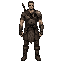 tower warrior man: scarred jaw, short hair, light battered leather and iron scraps, short sword or spear shaft visible at shoulder, grim duty not glory, steel grey and dried blood tones, single hero centered, front or 3/4 view, limited palette, dither sha