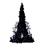 dark fantasy roguelite, single colossal obsidian tower silhouette centered, narrow vertical spire with glowing arched entrance at base, cold grey and violet accent light, ascent and danger mood, thick white outer outline sticker style, transparent backgro