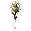 dark fantasy roguelite, single object centered, legendary curator staff with impossible layered geometry, pale gold and bone-white ritual structure fused with living black wood, asymmetrical transcendent silhouette, floating crystalline halo surrounding a