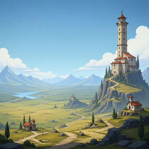 tower with isolated monastery buildings, wide empty land, few structures, long view, still atmosphere