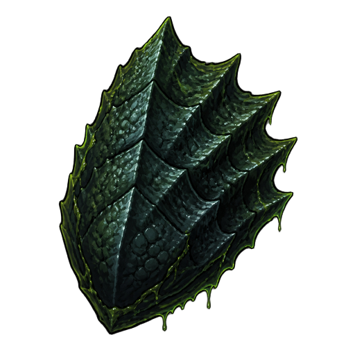 dark fantasy roguelite, single object centered, oversized hydra scale with wet reptilian texture and dark green-black layered surface, asymmetrical serrated silhouette, grotesque aquatic-organic trophy, faint toxic sheen across the edges, tactile monster 