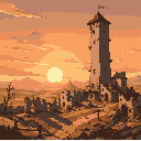 tall tower, long shadows, old village ruins, warm sky, dry terrain