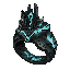 dark fantasy roguelite, single object centered, epic tower forge ring forged from layered black steel and fractured mithril veins, asymmetrical ritual silhouette, cyan glow leaking from fusion seams, abyssal junction motifs and subtle claw engravings, tac