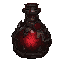 dark fantasy roguelite, single object centered, large heavy healing potion in thick ritual glass bottle filled with dense coagulated crimson liquid, faint inner glow pulsing like a heartbeat, reinforced dark iron frame around the flask, cracked wax seal a