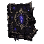 dark fantasy roguelite, single object centered, ancient closed grimoire with heavy black leather cover, pale gold ritual frame and glowing indigo rune cracks across the surface, asymmetrical silhouette, layered page edges and occult locking clasp, mystica