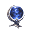 dark fantasy roguelite, single object centered, elegant crystal orb resting on asymmetrical crescent-shaped pale silver stand, deep blue inner light with subtle moonlike glow and drifting mist trapped inside the sphere, rare mystical relic aesthetic, refi