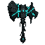 dark fantasy roguelite, single object centered, epic war hammer with oversized black forge head sealed by glowing cyan containment chains, asymmetrical impact-focused silhouette, deep cracks revealing unstable inner energy, engraved ritual steel and worn 