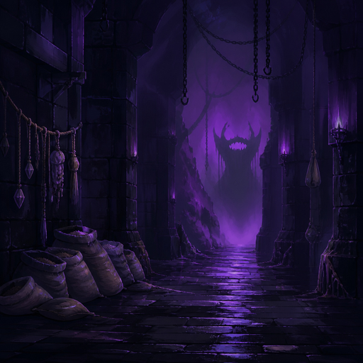 obsidian tower corridor, wet stone, ceiling chains, purple-black mist, distant hunger-monster silhouette (not portrait), grain sacks, jejum rope/salt on wall, violet shadows, painterly, dark calm lower third, no text
