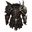 dark fantasy roguelite, single object centered, epic heavy armor built from abyssal steel plates and layered fossilized stone scales, asymmetrical brutalist silhouette, ember glow escaping from deep structural fractures, rare monster bone reinforcements a