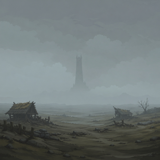 far away tower, almost hidden by fog, empty plains, broken huts, no activity