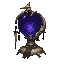 dark fantasy roguelite, single object centered, ritual crystal orb on engraved pale bronze stand with subtle prayer-like symbols, stronger inner indigo glow with faint floating particles inside the sphere, asymmetrical silhouette, uncommon devotional arca