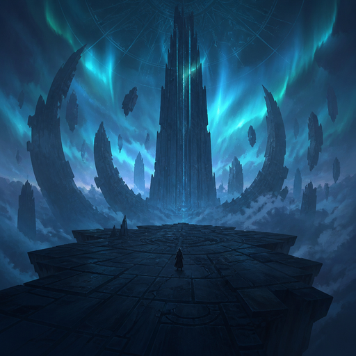 high platform, colossal tower core horizon, rune tiles, cold judging aurora (not sunrise), metaphysical void, faint zenith sigil, oppressive scale, painterly, dark calm lower third, no text