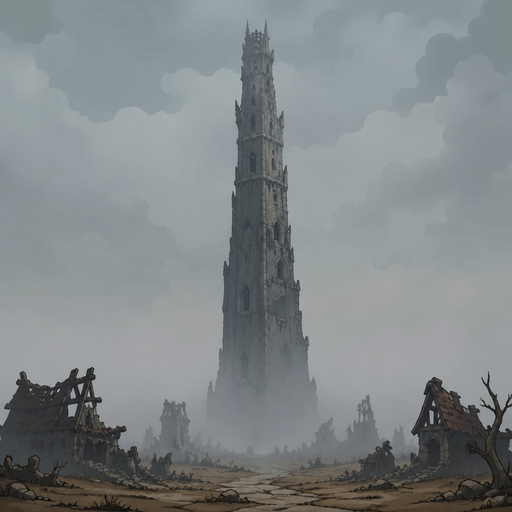 very tall stone tower, thick fog around base, broken houses, dry ground, low visibility