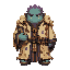 librarian monster, scrolls and stamps fused to robe, stern face, not a skull, not a skeleton, not a generic demon