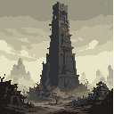 tall ancient tower, dark stone with carved patterns, abandoned houses around, dry land, light fog