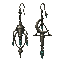 dark fantasy roguelite, single object centered, pair of asymmetrical ritual earrings made from muted silver pendulums with suspended teal crystals, rare elegant silhouette, subtle implied motion like constant swinging, tactile aged metal and crystal textu