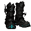 dark fantasy roguelite, single object centered, epic heavy boots reinforced with dark steel chains and mithril buckles, asymmetrical climbing silhouette, cyan glow running through engraved ascent sigils near the soles, worn leather and ritual metal textur