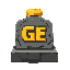 dark fantasy roguelite, golden coin stack with stylized pixel letters ge embossed on a small stone exchange plaque, grand exchange and player market mood, bright gold on cold grey stone, letters ge chunky and readable at 128px, single emblem centered, thi