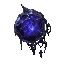 dark fantasy roguelite, single object centered, unstable magical orb made of organic glass with swirling deep indigo energy trapped inside, faint ritual symbols orbiting the core, uncommon arcane trophy, asymmetrical suspended silhouette, subtle cold glow