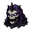 dark fantasy roguelite tower enemy, single monster head or bust centered, front or 3/4 view, high contrast, limited palette, dither shading, thick white outer outline sticker style, solid black background, no text, no ui frame, not photorealistic, readabl