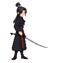 a korean swordsman in joseon dynasty, side view, dark outfit, long hair, holding sword,